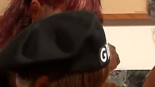 Gina does blowjob while the couple fucks