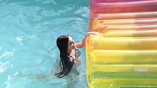 Big boobs curvy MILF strips in the pool