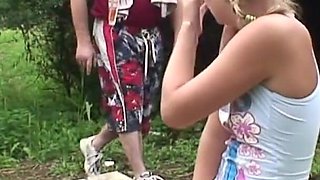 Old grumpy Daddy fucks cute 18yo blonde girl outdoors