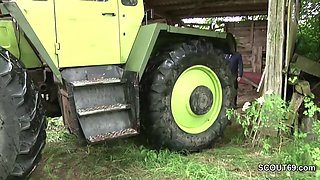 Ginger milf seduces the farmer and blowjobs his dick