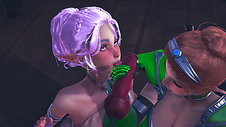 Two Elves Suck a Big Devil's Cock