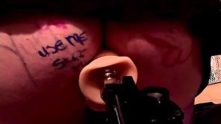 Domme spitroasts feminized sissy lollipop superslut with her strap-on faux-cock and a penetrating machine