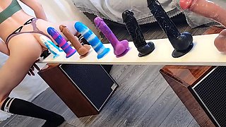 Sexy Plump-assed Babe Rides Different Dildos Put In a Row To Choose the Best One