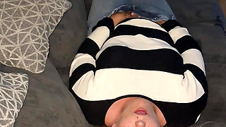 Bonie and Clyde masturbation blonde solo sexy horny wet trembling twitch moaning multiple orgasms couch jeans satisfyer
