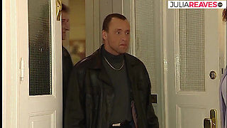 Chubby milf gets fucked by one dick while she sucks another in hot threesome