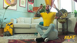 Guru fucks a busty brunette as her boyfriend is left meditating