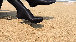 863 Shiny Black Stockings on the Beach