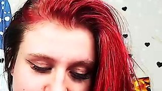 Amateur redhead fully nude on bed and masturbating