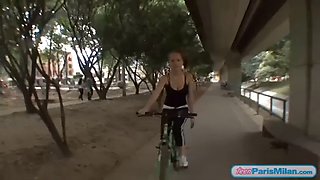 Busty fit teen slut cycles around town