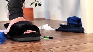 Unaware Crush – Black Fluffy Slippers, Cock Crush, While