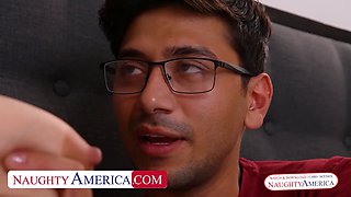 Busty MILF Lory Lace shows her son's friend how to fuck a woman