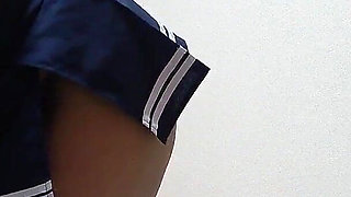 Girls Only Apartment in Japan, a Room Where Tanned Girl Cleans While Stick Out Big Tits and Wedgie Thong From Miniskirt Uniform
