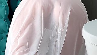 Stepmom Cleans the Bathroom in Her Sheer Dress. Slowly
