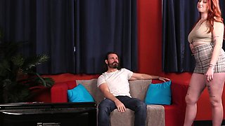 Curvy CFNM redhead hosts jerking circle