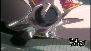 Aroused hentai beauty has a kinky sex toy to pet her pussy in the house