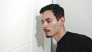 My husband's friend came home, caught us having sex in the bedroom and then sat me hidden while the cuckold was in the shower.