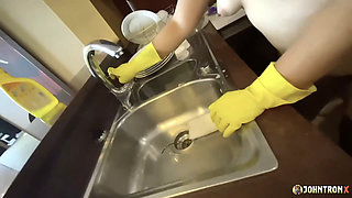 Johntronx - Naked Thai Maid Gets Fucked in the Kitchen Wearing Rubber Gloves