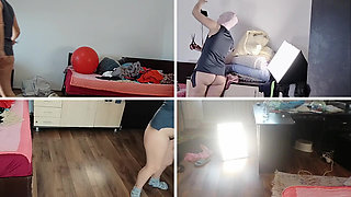 Amateur wife dancing naked at home. Amateur woman has fun trying on clothes and cutting them