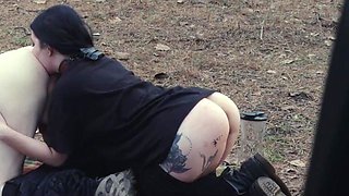 Submissive beauty eats booty and piss at roadside picnic, then gets rough face fucking