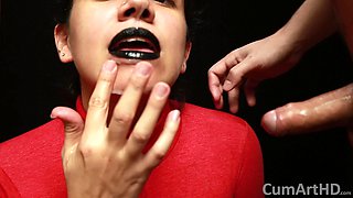 CFNM - Red Turtleneck, Black Lips - Handjob + Cum Mouthful + Cum on Clothes