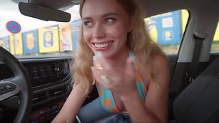 Freaky stepmom helps him empty his balls right in the car POV