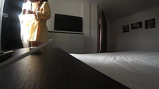Russian wife cheats on her husband with an unknown man at home on the bed. Husband at work...