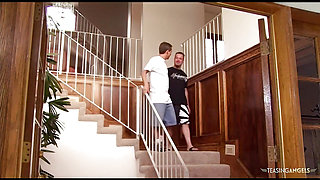 The brunette gets her workout interrupted by two men in need of hardcore double penetration