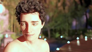 Aroused dude in 3d animation throat-fucks curvy milf on a lounger and unloads cum straight into her throat