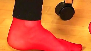 Peeptoe Dangling in Red Stockings & Black Leggings