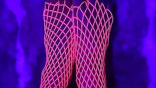 Pink neon fishnet on sexy small Asian feet with long toes