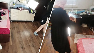 Amateur Latina tries on clothes and cuts them.