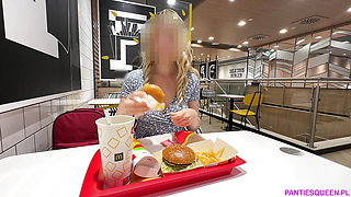 Blonde in short dress masturbates pumped pussy in public restaurant and pisses in McDonald's toilet room
