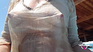 Nippleringlover Horny Milf See Through Wet Shirt In Pool Padlocks In Extreme Pierced Nipples