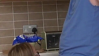 Stepmom Ashley R gets facialized and fucked by her stepson Luke H in the kitchen