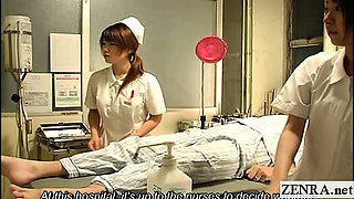 Subtitled CFNM Japanese nurses hospital handjob cumshot