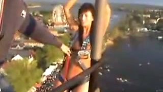 Kinky sporty brunette girl is ready for a nude bungee jumping
