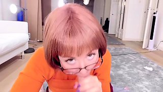 Nerdy girl with perfect big tits gives amazing blowjob