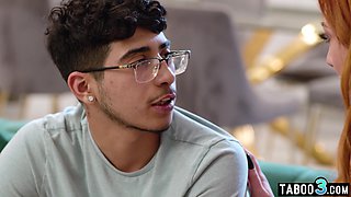 Stepmom guides son through his first sex