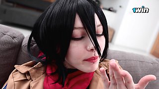 Mikasa fucks all her three holes, using anal beads and getting fake cum pussy creampie