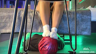 Mistress in White Socks Uses Her Foot Slave as Bedside Rug