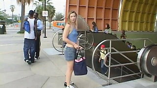 Two dudes invite young blonde in their van and fuck her