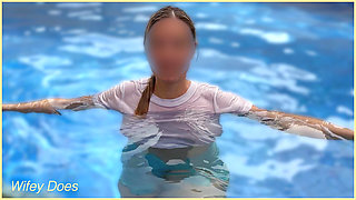 Wifey wet shirt in the pool with perfect braless tits