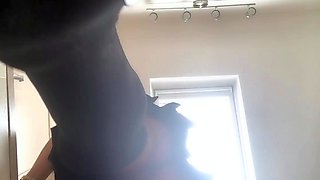 Teen brunette in black stockings plays with cunt
