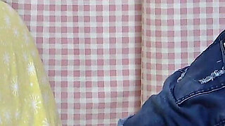 Girls Only Apartment in Japan, No Bra Big Tits Girl's Mini Skirt Overalls and Wedgie Thong Panties Observed From Under the Desk