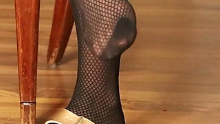 Dangling in Fishnet Stockings - Golden Double Strap Slides