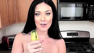 Voluptuous glam girl is naked and toys pussy with a cucumber