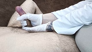 Amateur couple Maryhott gives a medical-themed handjob in gloves