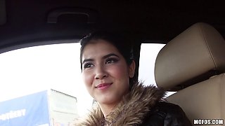 Leather jacket teen blows him in the car and fucks in POV