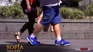 Displaying cameltoe in jean shorts through the city center