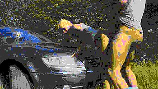 Blonde is flashing her big boobs in the outdoors